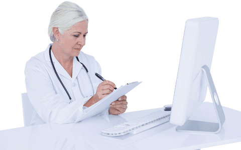 Transparent Background: Female Doctor Writing at Modern Desk Setup