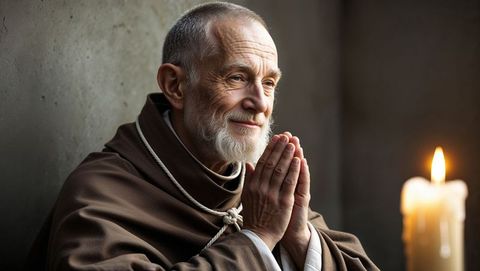 Monk praying in peaceful chapel setting with lit candle atmosphere