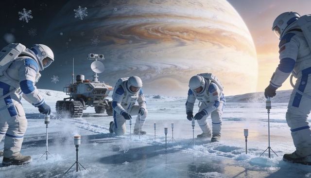 Astronauts drilling icy moon surface near gas giant with rover and scientific probes
