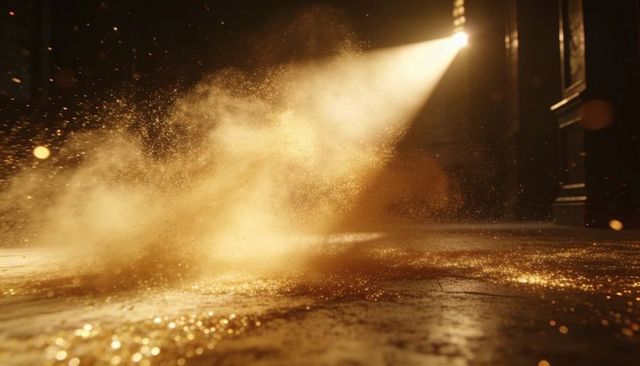 Shimmering golden dust cloud filling sunlit hallway with light beam and glittering floor