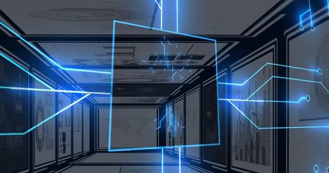 Glowing holographic interface hovering in futuristic tech corridor with cyan circuit traces