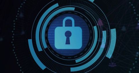 Neon Blue Padlock HUD Representing Cybersecurity, Encryption and Secure Network Access