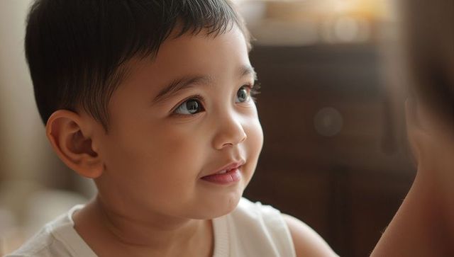 Smiling toddler boy gazing toward window with soft natural light closeup portrait