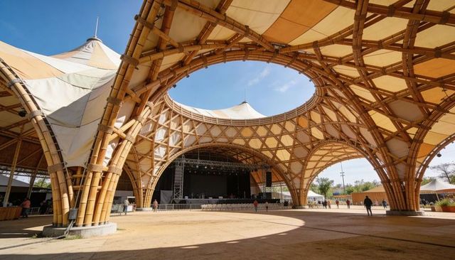 Bamboo festival pavilion with lattice arches and circular oculus over outdoor stage