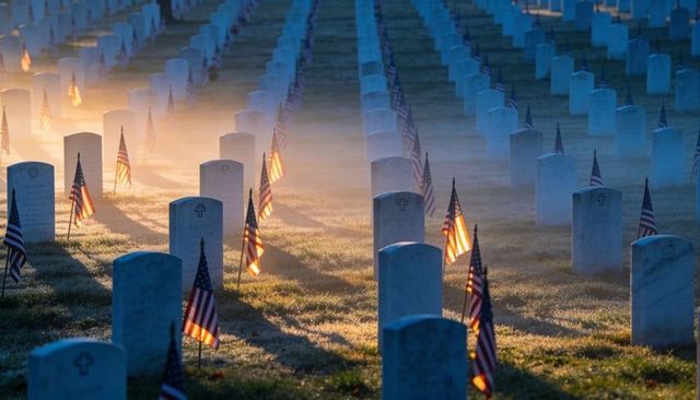 Sunlight filtering through morning mist over rows of white headstones with american flags