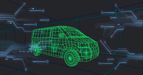 Green wireframe van gliding in virtual tunnel with neon circuitry and data visualization