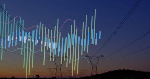 Digital data display over electrical pylons at sunset