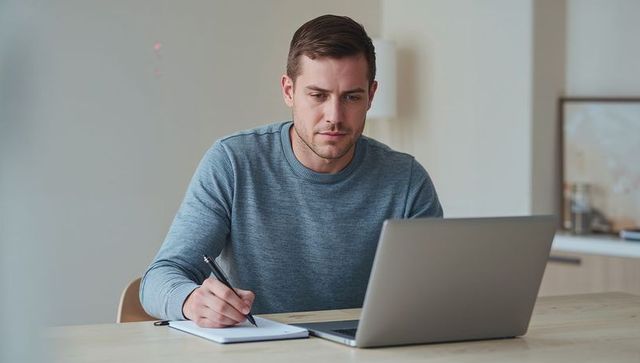 Focused man working remotely at laptop, writing notes in minimalist modern home workspace