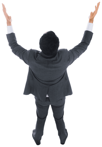 Back view of triumphant asian businessman on transparent background