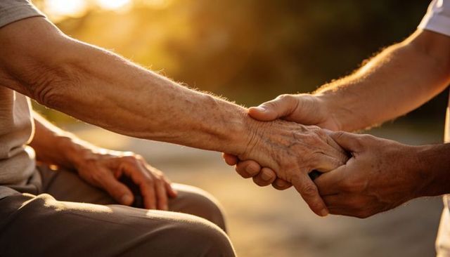 Holding and comforting elderly forearm outdoors at golden hour caregiver support, empathy
