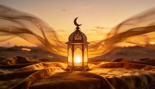 Glowing ramadan lantern on desert fabric at sunset with drifting veil and crescent finial
