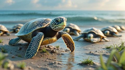 Green sea turtle crawling on bay of bengal shore at sunset