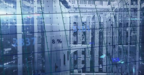 Glowing Server Racks Showcasing Network Cabling in Data Center With Digital Grid Overlay