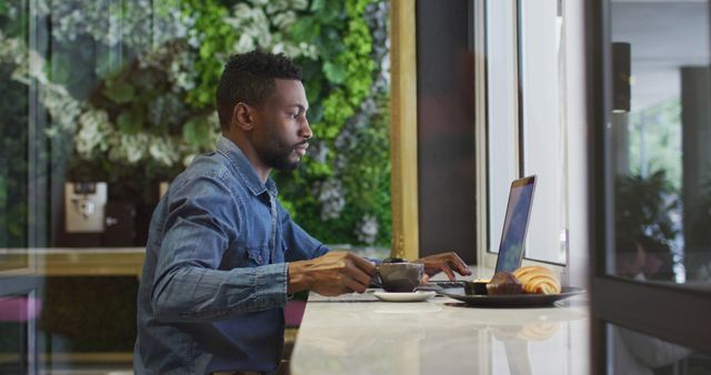 Man Working on Laptop in Modern Cafe with Green Wall and Breakfast - Download Free Stock Images Pikwizard.com