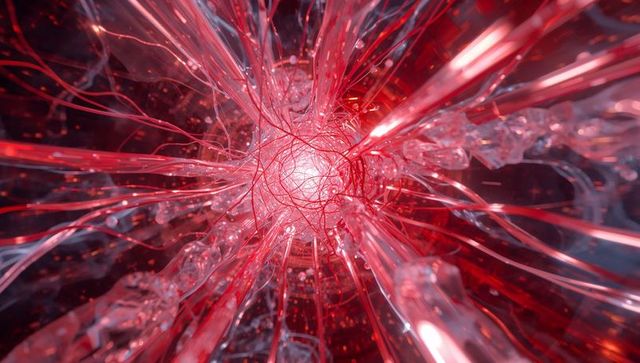 Radiating neon core emitting red-pink light with intricate filaments and crystalline shards
