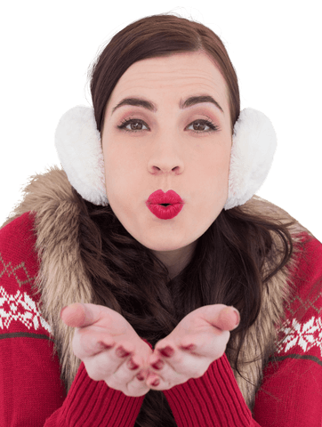 Happy woman with red lips blowing kiss in transparent background