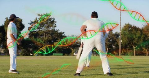 Cricket players standing ready on outfield with batsman and dna double helix overlay