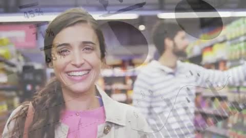 Smiling woman laughing while partner shops in supermarket with retail analytics overlays