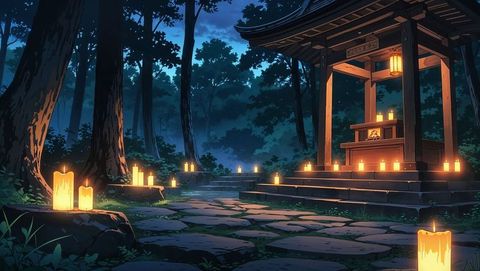 Serene anime forest shrine illuminated by glowing candlelight at night
