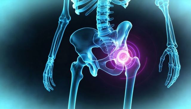 Medical x-ray illustration highlighting right hip joint pain, pelvis and lumbar spine