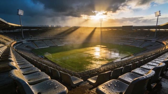 Sunbeams breaking through rain over floodlit stadium with wet seats and reflective pitch