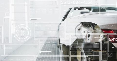 White car rear revealing exposed bumper and taillight with futuristic hud diagnostics