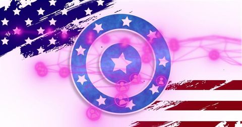 American neon patriot shield with star emblem and connected pink nodes for tech branding