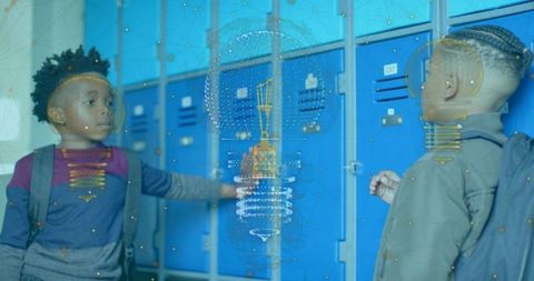 Two Boys Collaborating in School Hallway with Futuristic Elements