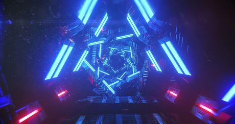 Futuristic neon tunnel with glowing triangular patterns