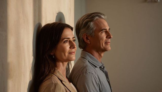 Sunlit mature couple leaning on textured wall gazing forward with calm hopeful looks