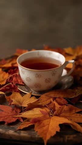 Vertical slow zoom revealing gilded teacup and saucer among autumn maple leaves