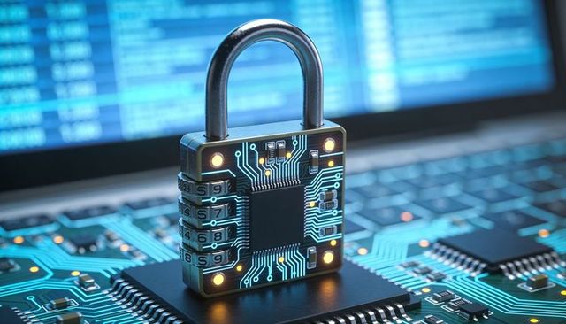 Glowing Microchip Padlock Securing Circuit Board for Cybersecurity and Data Protection