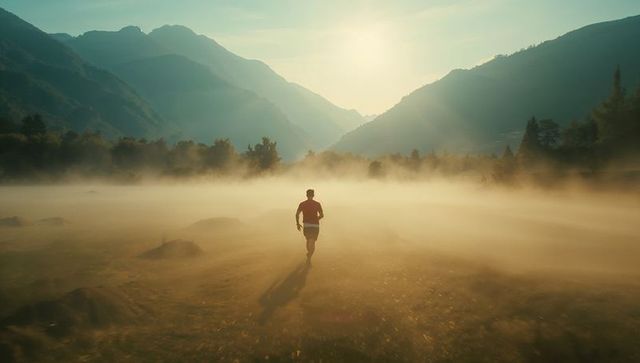 Athlete running through misty meadow at sunrise
