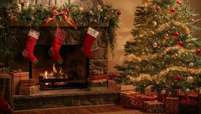 Festive christmas living room with decorated fireplace and gifts