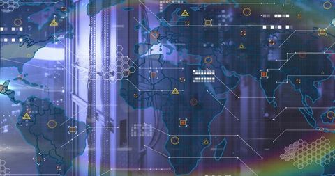 Futuristic Global Network with Data Center and Cybersecurity Icons