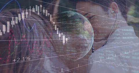 Woman studying with earbuds overlaid by global finance charts, candlesticks and data analytics