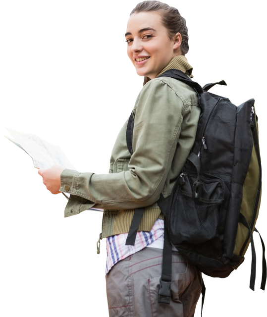 Portrait of Smiling Female Hiker with Maps and Gear on Transparent Background - Download Free Stock Videos Pikwizard.com