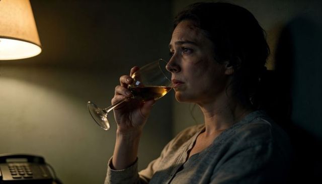 Troubled woman sipping wine by lamp at night showing bruised cheek and weary expression
