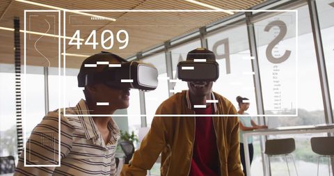 Diverse Team Using VR for Global Finance Analysis