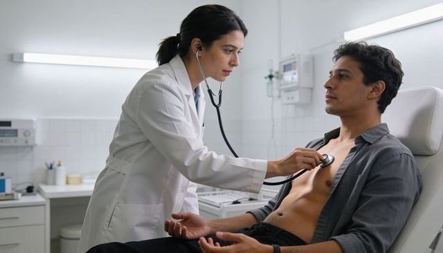 Female physician listening to male patient heart with stethoscope during clinical exam