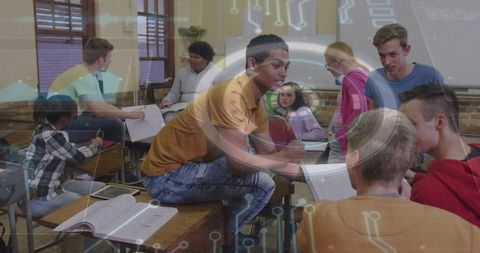 Teen leading classroom groupwork with digital circuitry overlay and collaborative learning