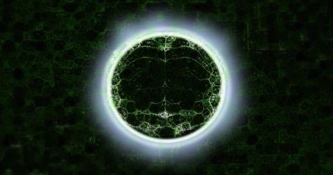 Glowing emerald orb emitting filament network and radiant halo over dark hex grid