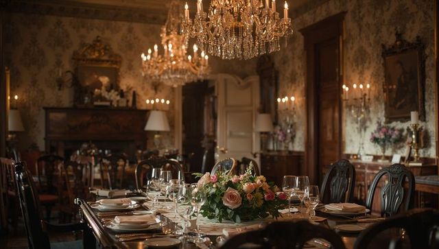 Opulent Formal Dining Room with Floral Centerpiece and Crystal Chandeliers