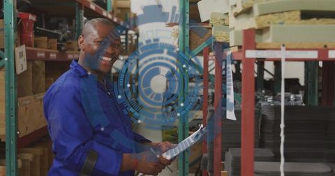 Warehouse worker checking inventory with clipboard and digital hud overlay for logistics