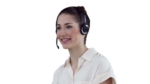 Smiling Professional Woman Using Headset on White Background