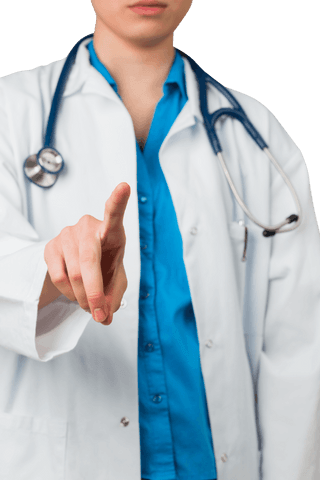 Caucasian female doctor pointing gesture on transparent background