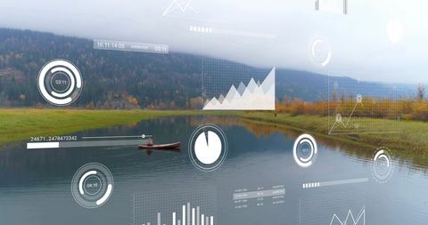 Paddling solo on calm autumn lake with red canoe, misty valley reflections and ar overlays