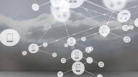 Digital Network of Icons Overlaying Cloudy Skyline