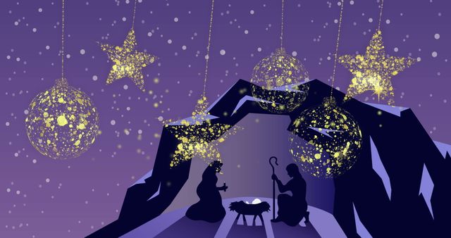 Gold Christmas Baubles and Nativity Silhouette on Purple Background - Download Free Stock Images Pikwizard.com