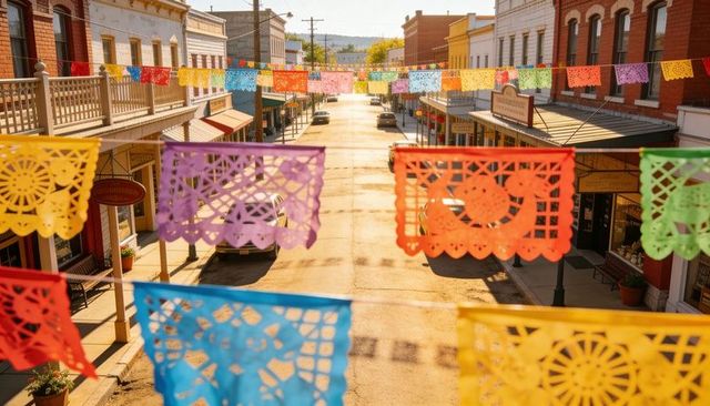 Vibrant papel picado banners fluttering above small-town main street during summer festival
